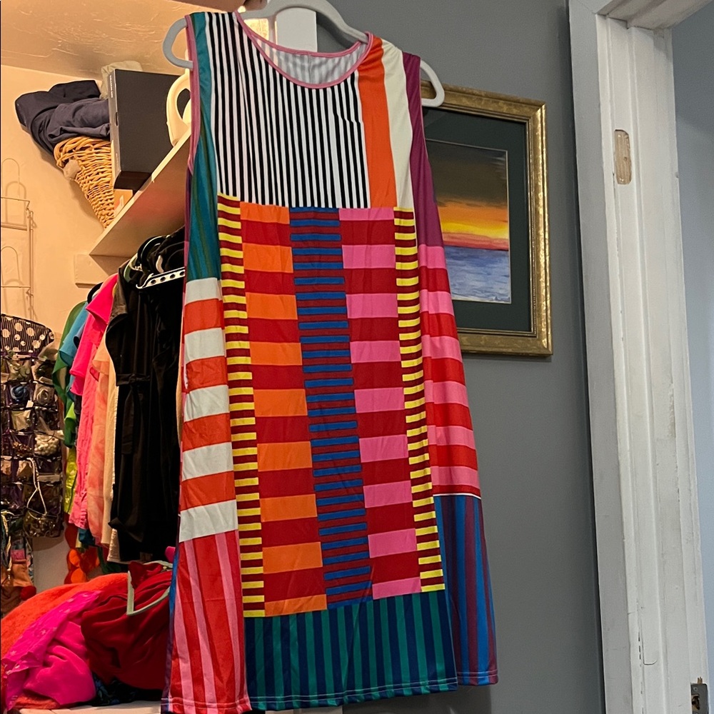 NWOT Sleeveless Multicolor Stripe Patchwork Dress - Bold Colorblock Design
